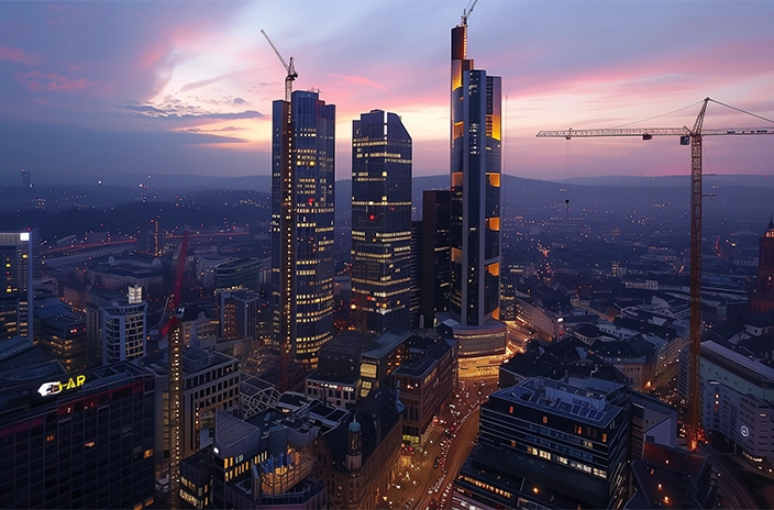 Skyscrapers illuminated at dusk with cranes in the background and city lights below.